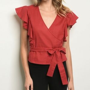 ♥️ Dark Red Ruffled Sleeve Belted Blouse